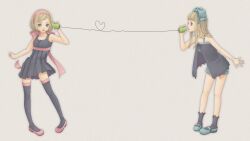  2girls ayumi_k blonde_hair bow casual commentary_request confession dress grey_background hairband hairbow heart highres long_hair multiple_girls original short_hair shorts simple_background standing string_phone thighhighs yuri zettai_ryouiki 