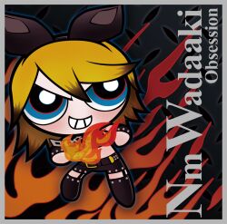  angry art_style_parody belt blonde_hair blue_eyes bow brown_hair chibi crop_top crossover fingerless_gloves fire gloves gothic grin hairbow magane_rin multicolored_eyes multicolored_hair nm_wadaaki_obsession powerpuff_girls punk red_eyes short_hair shorts smile thighhighs vocaloid 