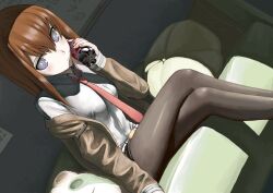  bottle_to_cheek brown_hair commentary_request crossed_legs dr_pepper dutch_angle female grey_eyes legs long_hair makise_kurisu mocha_(snowflake) necktie pantyhose photoshop_(medium) ringed_eyes sitting solo steins;gate 