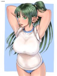  armpits arms_behind_head arms_up blue_buruma breasts buruma commentary_request female green_eyes green_hair gym_uniform higurashi_no_naku_koro_ni large_breasts long_hair shirt solo sonozaki_mion taut_clothes taut_shirt zenkou 