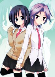  2girls bad_id bad_pixiv_id futaru_usagi kajiki_yumi medium_hair multiple_girls purple_hair red_eyes saki_(manga) school_uniform thighhighs touyoko_momoko tsuruga_school_uniform 