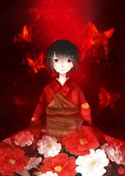  bad_id bad_pixiv_id black_hair bug butterfly fatal_frame fatal_frame_2 female highres japanese_clothes kimono kurozatou_owata red_eyes red_kimono short_hair solo tachibana_chitose tears 