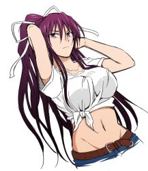  belt breasts commentary_request crop_top female hair_ribbon kanzaki_kaori large_breasts long_hair midriff navel ponytail purple_eyes purple_hair ribbon solo taguchi_kenji_(omaep) toaru_majutsu_no_index 