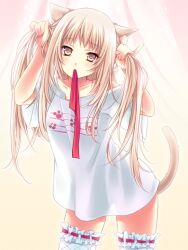  animal_ears blonde_hair bunching_hair cat_ears cat_tail cocoa_(cafe-hotcocoa) commentary_request curtains female frilled_thighhighs frills long_hair mouth_hold no_pants original paw_print photoshop_(medium) ribbon ribbon_in_mouth shino_(endyy) solo tail thighhighs twintails 