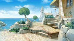  aquamary cloud commentary_request day flower horizon house no_humans ocean original outdoors pavement plant pot potted_plant rock scenery sky stairs tower tree village 