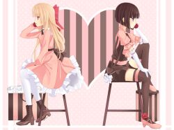  2girls bad_deviantart_id bad_id copyright_request cordless_phone dress elbow_gloves gloves hair_ribbon heart high_heels hitsukuya long_hair multiple_girls pantyhose phone ribbon shoes short_hair short_shorts shorts sitting thighhighs white_legwear 