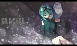  bad_id bad_pixiv_id bird blue_hair crossed_legs elbow_gloves en@rain female gloves goggles goggles_on_head knees letterboxed original owl short_hair shorts sitting solo yellow_eyes 