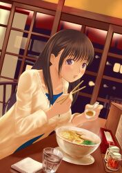  anegasaki_nene blush brown_hair chopsticks commentary_request dutch_angle egg female food glass long_hair love_plus meat mole mole_under_eye noodles open_mouth photoshop_(medium) purple_eyes ramen restaurant shiba_tomori sitting solo spoon 