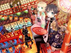  2girls 6+boys amaimon ao_no_exorcist architecture bad_id bad_pixiv_id blonde_hair blue_eyes brothers cup dango east_asian_architecture eating fish floral_print food from_above glasses green_eyes haguo_yuu hat highres japanese_clothes kamiki_izumo kimono koi kuro_(ao_no_exorcist) lantern magatama mephisto_pheles mitsudomoe_(shape) miwa_konekomaru moriyama_shiemi multicolored_hair multiple_boys multiple_girls necktie okumura_rin okumura_yukio pointy_ears ribbon sakazuki school_uniform shima_renzou short_hair siblings smile striped striped_necktie suguro_ryuuji tomoe_(symbol) top_hat twintails two-tone_hair wagashi water 