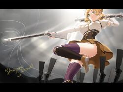  ass backlighting beret blonde_hair boots breasts brown_thighhighs commentary_request corset covered_nipples detached_sleeves drill_hair dual_wielding female field_of_blades fingerless_gloves gloves gun hair_ornament hairpin hat holding large_breasts legs letterboxed light_rays long_legs magical_girl magical_musket mahou_shoujo_madoka_magica mahou_shoujo_madoka_magica_(anime) mignon planted pleated_skirt puffy_sleeves ribbon rifle shiny_skin skirt solo striped_clothes striped_thighhighs sunbeam sunlight thighhighs thighs tomoe_mami tomoe_mami_(magical_girl) twin_drills twintails vertical-striped_clothes vertical-striped_thighhighs weapon yellow_eyes 