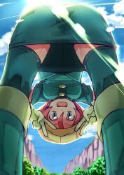  :d ass bent_over blue_eyes boots commentary_request double_v female from_below georgia_(pokemon) gloves green_footwear hat kounosu_satori looking_through_own_legs open_mouth pencil_skirt perspective pink_hair pokemon pokemon_(anime) pokemon_bw_(anime) skirt smile solo sunlight thighhighs upside-down v 