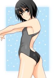  amagami ass bad_id bad_pixiv_id black_eyes black_hair commentary_request competition_swimsuit cowboy_shot female nanasaki_ai one-piece_swimsuit photoshop_(medium) short_hair smile solo stretching swimsuit yamaki_suzu 