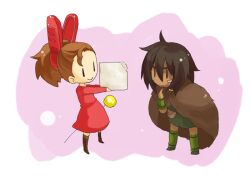  15-jam 1boy :&gt; arrietty brown_hair chibi commentary_request female karigurashi_no_arrietty nervous ponytail spiller sugar_cube |_| 