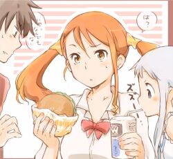  1boy 2girls anjou_naruko ano_hi_mita_hana_no_namae_wo_bokutachi_wa_mada_shiranai. brown_hair burger can commentary_request drink_can drinking drinking_straw food grey_hair honma_meiko multiple_girls orange_eyes orange_hair shirotaka_(shirotaka) soda_can translated twintails yadomi_jinta 