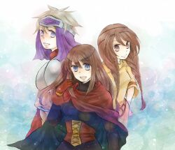  3girls bad_id bad_pixiv_id blue_eyes braid brown_eyes brown_hair cape cleo_(suikoden) gensou_suikoden gensou_suikoden_i group_picture hair_over_shoulder headband long_hair multiple_girls odessa_silverberg shirt short_hair smile sugieri tengaar_(suikoden) twintails veil very_short_hair 