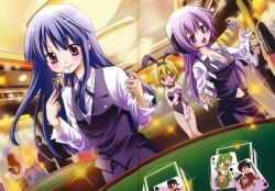  3girls baseball_bat blonde_hair blue_hair blush bow bowtie breasts card casino casino_card_table cleavage croupier dutch_angle fishnet_pantyhose fishnets floating_card formal furude_rika gambling hanyuu hat higurashi_no_naku_koro_ni holding holding_card houjou_satoko long_hair maebara_keiichi medium_breasts momoyama_hinase multiple_girls nata_(tool) pant_suit pants pantyhose playboy_bunny playing_card purple_eyes purple_hair red_eyes ryuuguu_rena scan short_hair siblings sisters sonozaki_mion sonozaki_shion sparkle suit table traditional_bowtie twins vest 