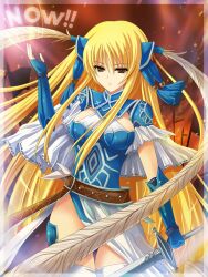  armor blonde_hair brown_eyes commentary_request feathers female fingerless_gloves gloves hair_ornament haura_akitoshi long_hair photoshop_(medium) sangokushi_taisen shuuki solo sword thighhighs vambraces very_long_hair weapon white_thighhighs 