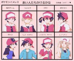  6+boys adjusting_clothes adjusting_headwear akai_isamu baseball_cap black_gloves black_hair blue_jacket blue_shirt brown_eyes brown_hair character_name chart closed_mouth expressionless female fingerless_gloves gloves hand_up hat jacket leaf_(pokemon) long_hair looking_at_viewer multiple_boys open_mouth partially_translated pixiv_red poke_ball_print pokemon pokemon_(anime) pokemon_adventures pokemon_frlg pokemon_gotta_catch_&#039;em_all pokemon_pocket_monsters pokemon_rgby pokemon_rse_(anime) red_(pokemon) red_eyes red_headwear red_jacket satoshi_(pokemon) shirt short_hair short_sleeves shuu_(pgdz) smile teeth translation_request upper_teeth_only white_headwear 