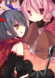  2girls :q bad_id bad_pixiv_id bare_shoulders black_hair cape charlotte_(madoka_magica) drill_hair dual_persona head_wings mahou_shoujo_madoka_magica mahou_shoujo_madoka_magica_(anime) multiple_girls personification pink_eyes pink_hair shimotsuki_eri short_hair sleeves_past_wrists tongue tongue_out twin_drills twintails wings yellow_eyes 