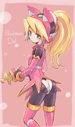  ass bad_id bad_pixiv_id blonde_hair blue_eyes blush_stickers ciel_(mega_man) female fingerless_gloves gloves gun helmet highres homura_subaru long_hair mega_man_(series) mega_man_zero_(series) pantyhose ponytail solo thighhighs weapon 