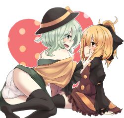  2girls ass bad_id bad_pixiv_id bare_shoulders black_thighhighs blonde_hair blush bow dress green_eyes grey_hair hairbow hand_on_another&#039;s_cheek hand_on_another&#039;s_face heart highres komeiji_koishi konbu_ame kurodani_yamame multiple_girls off_shoulder open_mouth panties short_hair sitting skirt smile sweatdrop thighhighs touhou underwear white_panties yellow_eyes yuri 