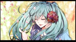  aqua_hair bad_id bad_pixiv_id closed_eyes female flower hair_flower hair_ornament hatsune_miku kei_(mstjtu) long_hair petals smile solo vocaloid 