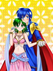  1boy 74 belly_chain bikini bikini_top_only blush bracelet breasts cleavage collarbone couple earrings female fire_emblem fire_emblem:_genealogy_of_the_holy_war green_eyes green_hair holding_hands jewelry lene_(fire_emblem) medium_breasts midriff necklace seliph_(fire_emblem) short_hair skirt smile straight swimsuit 