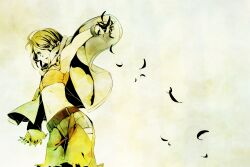  armpits blonde_hair blue_eyes commentary_request crop_top eto_ichika feathers female flat_chest kagamine_rin midriff monochrome photoshop_(medium) short_hair sky solo spot_color vocaloid yellow_theme 