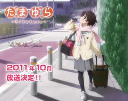  ahoge bag black_hair black_pantyhose camera cardigan feline female looking_up official_art pantyhose profile road rolling_suitcase sawatari_fuu scarf school_bag school_uniform serafuku shoes short_hair skirt sneakers solo street suitcase tamayura vanishing_point 