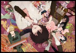  3boys 3girls black_hair blonde_hair cherry_blossoms commentary_request desk doll finger_to_mouth flower fox_mask grin hands index_finger_raised kiben_gakuha_yotsuya-senpai_no_kaidan komachi-sensei kudou_tadanobu mask messy_hair multiple_boys multiple_girls nakashima_makoto necktie patterned peeking_out rinnagi sandals school_uniform scythe serafuku shaded_face shinamo-sensei short_hair shushing silhouette sitting smile socks umbrella yayoi_hinano yellow_eyes yotsuya_buntarou 