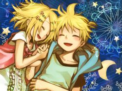  1boy blonde_hair brother_and_sister closed_eyes commentary_request female hair_ornament hairclip holding_hands interlocked_fingers junji kagamine_len kagamine_rin short_hair siblings smile star_(symbol) twins vocaloid 