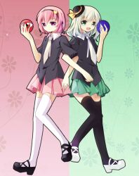  2girls alternate_costume bad_id bad_pixiv_id black_thighhighs bowler_hat eyeball green_eyes hairband hat heart komeiji_koishi komeiji_satori locked_arms mini_hat mini_top_hat multiple_girls necktie open_mouth pf photoshop_(medium) pink_hair pink_skirt purple_eyes short_hair siblings sisters skirt smile thighhighs third_eye top_hat touhou white_hair white_legwear 