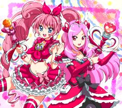  2girls black_pantyhose blue_eyes bow braid choker commentary_request cure_melody cure_passion dress earrings eyelashes fresh_precure! frills hair_ornament hairband hairpin heart heart_hair_ornament higashi_setsuna houjou_hibiki in-franchise_crossover jewelry long_hair magical_girl messy_hair midriff miracle_belltier multiple_girls navel owarine_miku pantyhose passion_harp pink_bow pink_choker pink_hair pink_legwear pink_wrist_cuffs precure red_eyes ribbon smile suite_precure thighhighs tiara twintails waist_bow wand white_choker wrist_cuffs zettai_ryouiki 