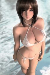  3d bad_id bad_pixiv_id bikini breasts brown_eyes brown_hair cleavage female halterneck hinemaru large_breasts lips looking_up navel o-ring o-ring_bikini o-ring_bottom o-ring_top original short_hair side-tie_bikini_bottom solo standing swimsuit white_bikini 