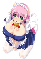  animal_ears artist_request blush breasts cleavage elfleda_mirjasdottir female horns huge_breasts looking_at_viewer lotte_no_omocha! maid pointy_ears sitting solo tail 