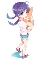  amezawa_koma carrying commentary_request female hair_bobbles hair_ornament hoshimaru narutaru no_socks purple_eyes purple_hair shirt shoes shorts tamai_shiina twintails 