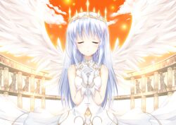  aiyoku_no_eustia angel_wings bare_shoulders blush cloud commentary_request crown dress feathered_wings female fujimoto_akio gloves highres own_hands_clasped own_hands_together photoshop_(medium) saint_irene sky sleeveless sleeveless_dress solo white_hair wings 