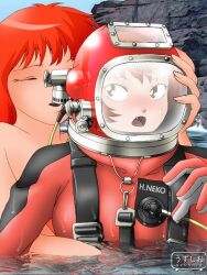  2girls :o blush brown_eyes closed_eyes diving_helmet diving_suit gegege_no_kitarou gloves helmet long_hair multiple_girls nekomusume nervous oerba_yun_fang open_mouth red_hair short_hair simple_background strap sweat uzushio_(uzusio) water you_gonna_get_raped 