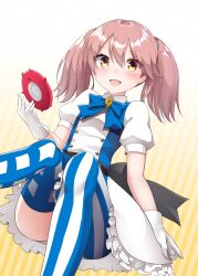  :d adapted_costume asymmetrical_legwear blue_bow blush bow brown_hair collared_shirt cosplay enemy_lifebuoy_(kancolle) eyes_visible_through_hair female frilled_skirt frills gloves hair_between_eyes hand_up highres kantai_collection kirigakure_(kirigakure_tantei_jimusho) looking_at_viewer magatama michishio_(adventures_in_wonderland)_(kancolle) michishio_(kancolle) michishio_(kancolle)_(cosplay) mismatched_legwear open_mouth pantyhose puffy_short_sleeves puffy_sleeves ryuujou_(kancolle) shirt short_sleeves sitting skirt smile solo striped_background striped_clothes striped_pantyhose thighs twintails vertical-striped_clothes vertical-striped_pantyhose white_gloves white_shirt white_skirt yellow_eyes 