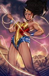  black_hair blue_eyes bracer broken_pillar dc_comics female highres holding_lasso jswayart lasso lasso_of_truth long_hair solo standing tiara wonder_woman wonder_woman_(series) 