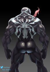  1cantdraw absurd_res alien alien_humanoid ass big_muscles black_body bodily_fluids emblem empty_eyes gradient_background hi_res humanoid long_tongue male marvel marvel_rivals monster muscular muscular_humanoid muscular_male not_furry rear_view saliva simple_background solo symbiote tongue tongue_out venom_(marvel) 