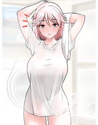  after_bathing alternate_costume arms_behind_head arms_up breasts female furaggu_(frag_0416) giuseppe_garibaldi_(kancolle) highres holding holding_towel kantai_collection large_breasts looking_at_viewer pink_eyes pink_hair shirt short_sleeves solo standing t-shirt towel white_shirt 