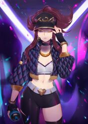  akali anntan baseball_cap belt bracelet breasts brown_hair choker crop_top female fingerless_gloves gloves hat highres jacket jewelry k/da_(league_of_legends) k/da_akali league_of_legends long_hair looking_at_viewer midriff navel one_eye_closed ponytail purple_eyes single_leg_pantyhose single_thighhigh small_breasts solo spray_can thighhighs 