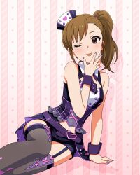  :p arm_support asymmetrical_bangs belt black_shorts breasts brown_eyes brown_hair cleavage_cutout clothing_cutout concept_take_care_(idolmaster) dot_nose dress eyelashes feet_out_of_frame female forehead futami_mami garter_straps hand_on_own_chin hat heart idolmaster idolmaster_(classic) idolmaster_million_live! idolmaster_million_live!_theater_days light_blush long_hair looking_at_viewer medium_breasts multicolored_dress navel_cutout nurse nurse_cap official_alternate_costume official_art one_eye_closed pink_background purple_belt purple_dress purple_nails purple_wrist_cuffs shorts side_ponytail single_sidelock sitting sleeveless sleeveless_dress solo star_(symbol) swept_bangs tongue tongue_out wrist_cuffs 