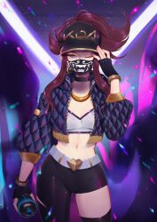  akali anntan baseball_cap belt bracelet breasts brown_hair choker crop_top female fingerless_gloves gloves hat highres jacket jewelry k/da_(league_of_legends) k/da_akali league_of_legends long_hair looking_at_viewer mask midriff mouth_mask navel one_eye_closed ponytail purple_eyes single_leg_pantyhose single_thighhigh small_breasts solo spray_can thighhighs 