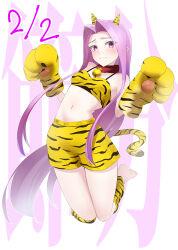  animal_hands animal_print bare_shoulders bell blush bra breasts collar detached_leggings fate/grand_order fate_(series) female forehead gloves highres horns jingle_bell long_hair looking_at_viewer medusa_(fate) medusa_(lancer)_(fate) minami_koyogi navel oni_costume parted_bangs paw_gloves purple_eyes purple_hair shorts sidelocks small_breasts solo thighs tiger_print underwear very_long_hair yellow_bra yellow_gloves yellow_shorts 