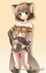  animal_ears bad_id bad_pixiv_id bare_shoulders brown_hair cat_ears earrings fantasy_earth fantasy_earth_zero female green_eyes hand_on_own_hip jewelry kneehighs komone_ushio midriff navel scout_(fantasy_earth) scout_(lakota_outfit)_(fantasy_earth_zero) short_hair smile socks solo 