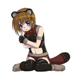  animal_ears female hachi_(hachikai) hair_ornament lowres lyrical_nanoha mahou_shoujo_lyrical_nanoha_strikers raccoon_ears solo thighhighs x_hair_ornament yagami_hayate 