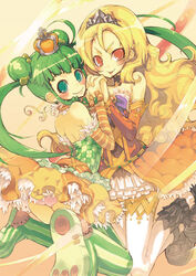  2girls arched_crown bad_link blonde_hair blue_eyes crown green_hair hat holding_hands interlocked_fingers long_hair multiple_girls orange_crown original red_eyes striped super_zombie thighhighs tiara 