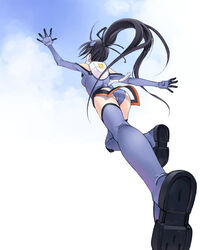  ass black_hair black_ribbon blue_gloves blue_leotard blue_thighhighs boots cloud female from_behind gloves hair_ribbon ichijou_eika leotard long_hair motion_slit outstretched_arm outstretched_hand photoshop_(medium) pilot_suit ponytail reaching ribbon satou_atsuki sky sky_girls solo thigh_boots thighhighs 